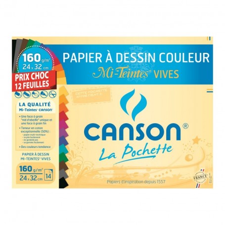 Pochette papier dessin Canson couleurs vives à grain 160g 12 feuilles 24 X  32 cm